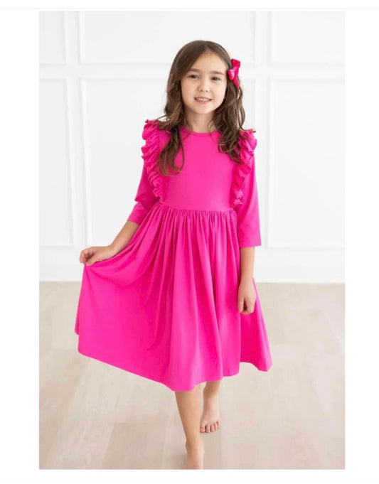 Hot Pink Ruffle Long Sleeve Dress